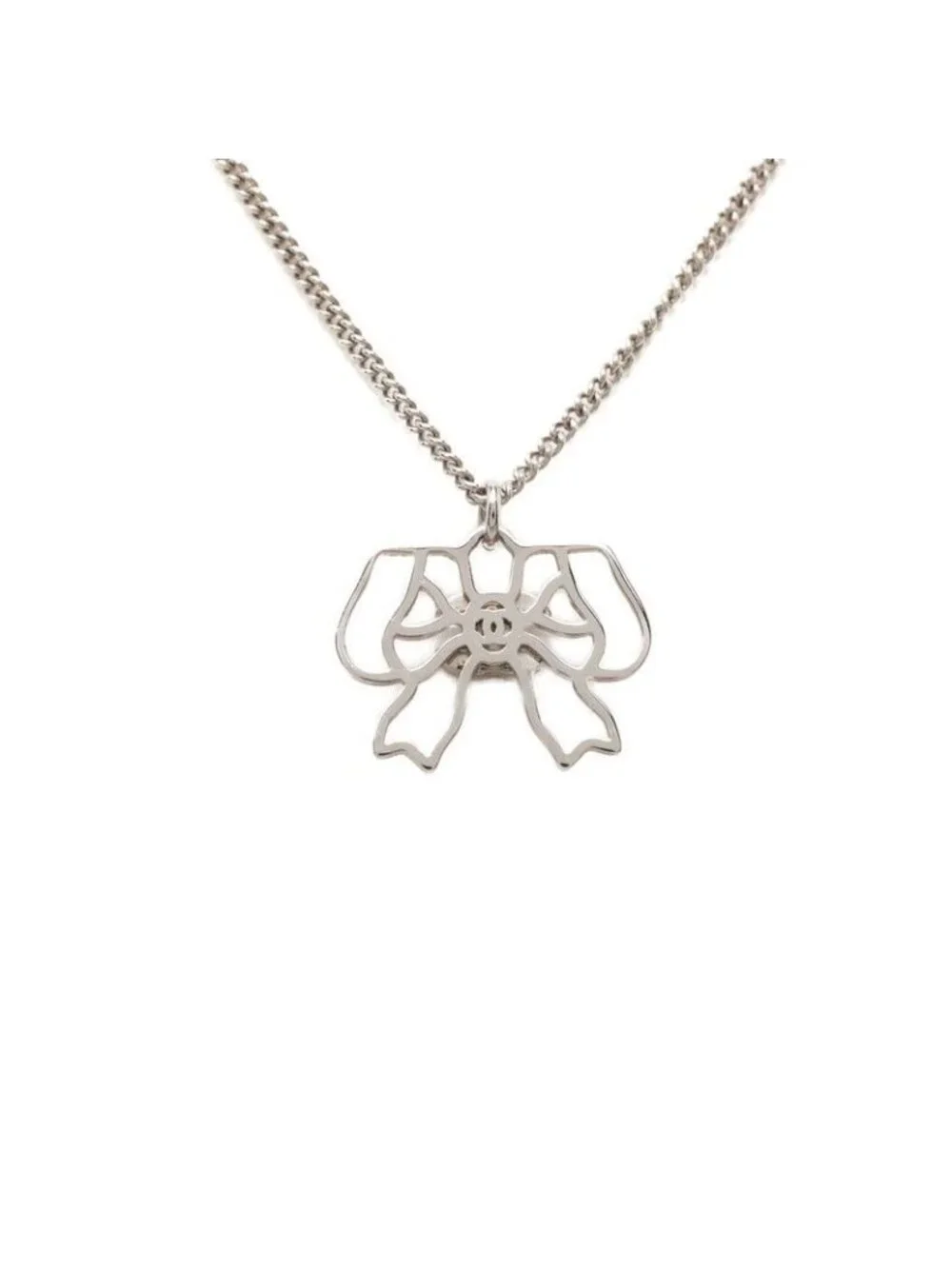 Chanel CC Logo Ribbon Motif Necklace Silver Metal Rhinestone
